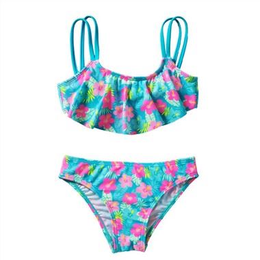 Set costum de baie pentru fete cu volane cu imprimeu cu flori